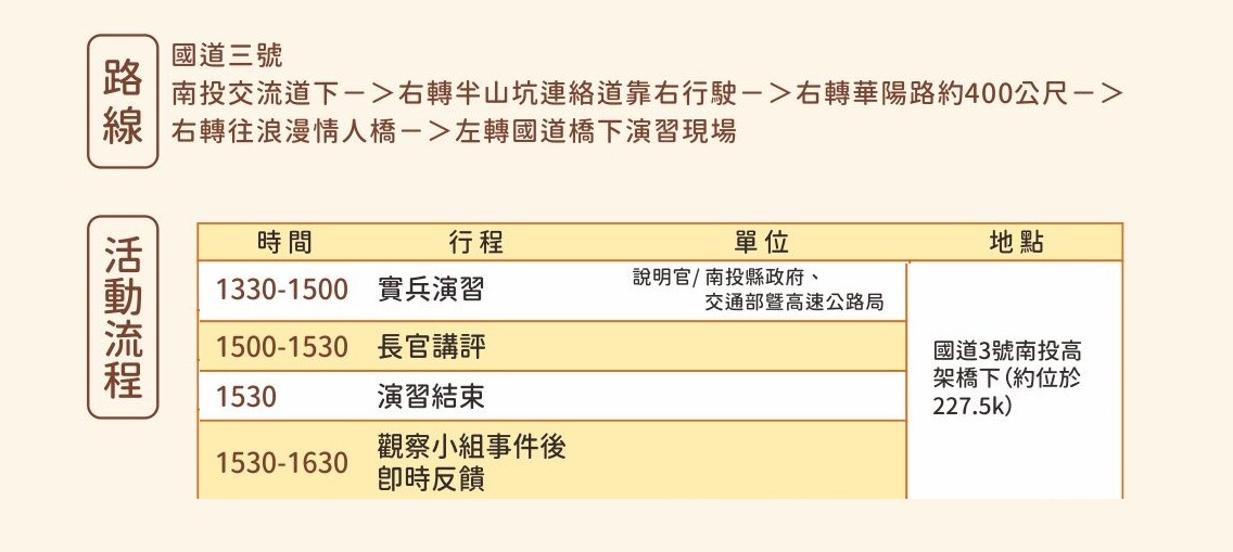 南投縣8月27日辦理「南投縣114年陸上交通事故災害防救演習」，民眾收到簡訊請勿驚慌。